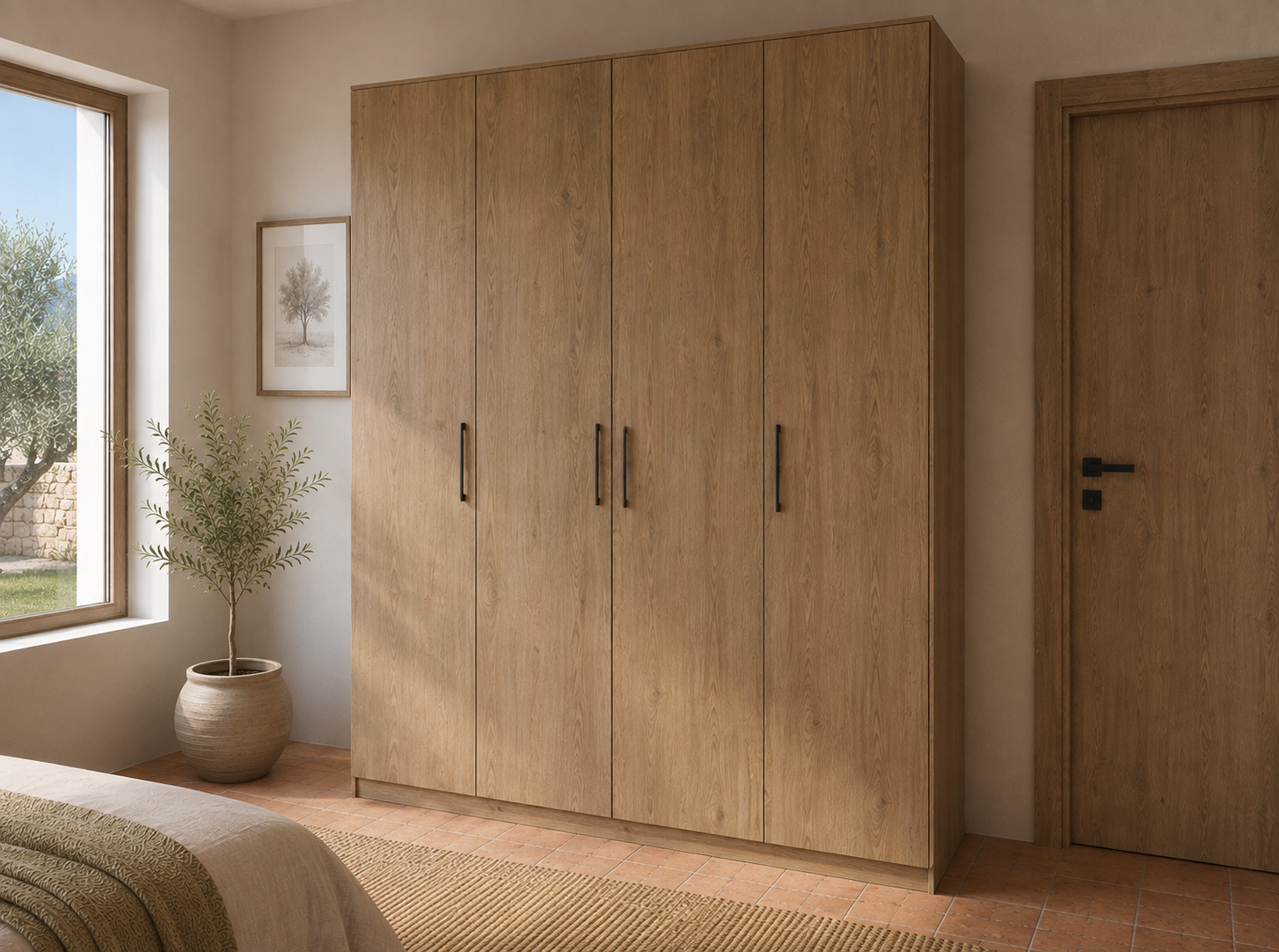 Full-height fitted wardrobe in a natural woodgrain finish