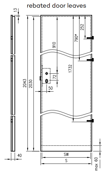 Rebated door leaf — 2043 mm height, 40 mm thick, 13 mm rebate, hinge and lock positions