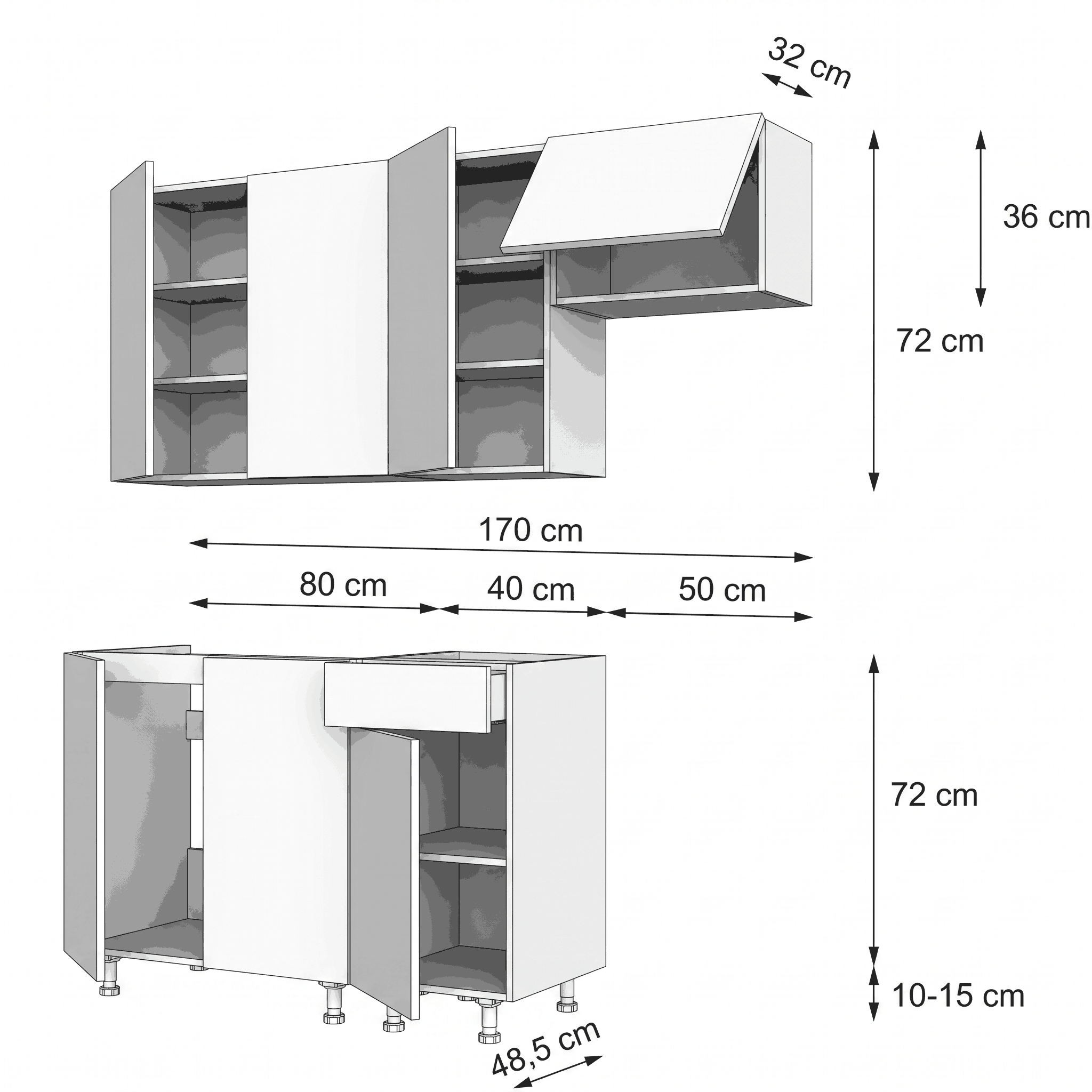 KIVOSER 170 cm run drawing — wall units 72 cm high and 32 cm deep with a 36 cm lift-up element, base units 72 cm high and 48.5 cm deep on 10–15 cm legs, modules 80 + 40 + 50 cm