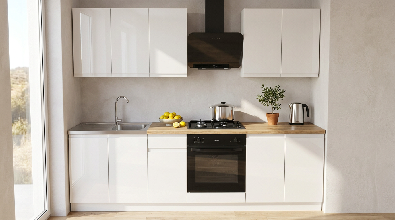 KIVOSER 260 cm ready-made kitchen set with White Glossy Acrylic wall and base units and an Evoke Oak worktop