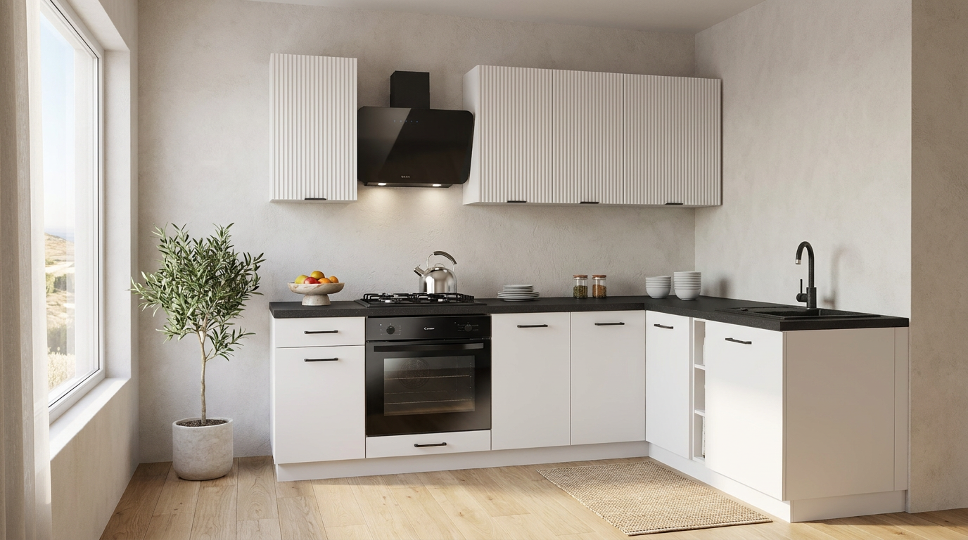KIVOSER 240 by 180 cm corner kitchen, set no. 21, shown from the mirrored side