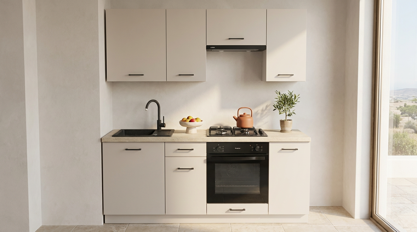 KIVOSER 200 cm ready-made kitchen set in TAFLA cashmere with a Crema Limestone worktop
