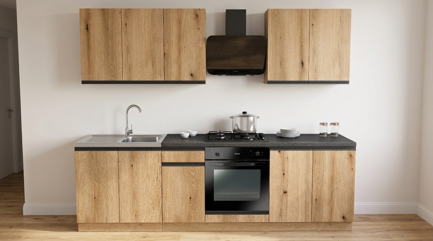 KIVOSER 260 cm ready-made kitchen, set no. 17, shown in a real room setting