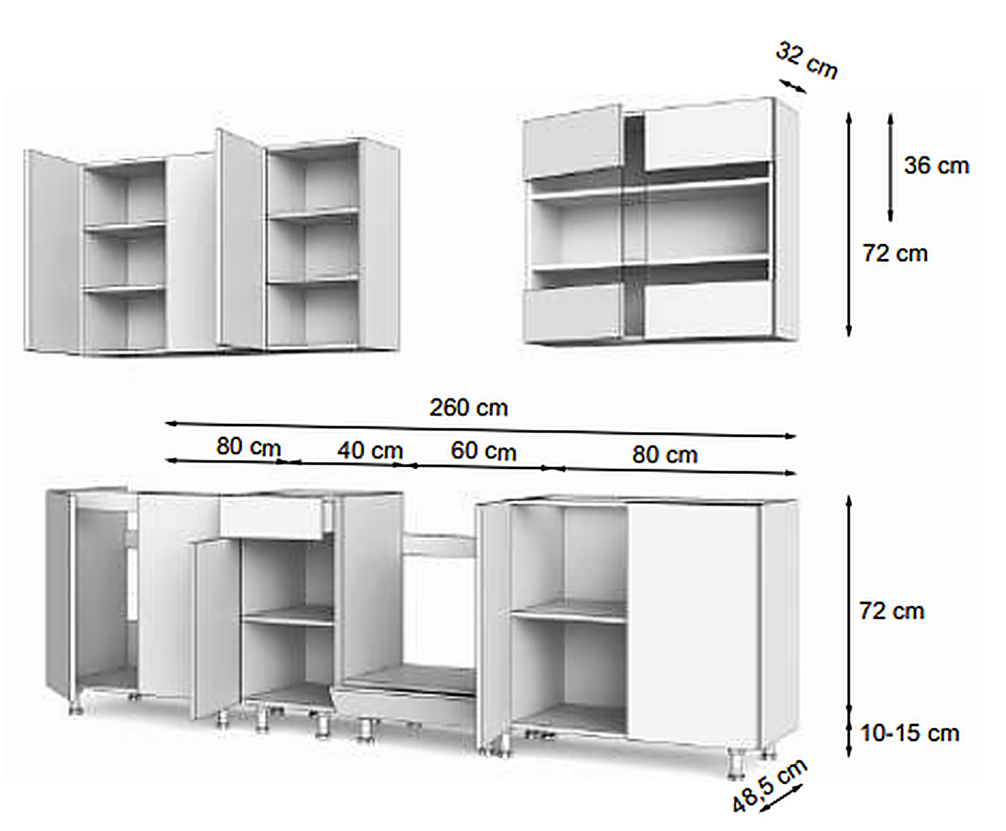 KIVOSER 260 cm run drawing — wall units 72 cm high and 32 cm deep with a 36 cm lift-up element, base units 72 cm high and 48.5 cm deep on 10–15 cm legs, modules 80 + 40 + 60 + 80 cm