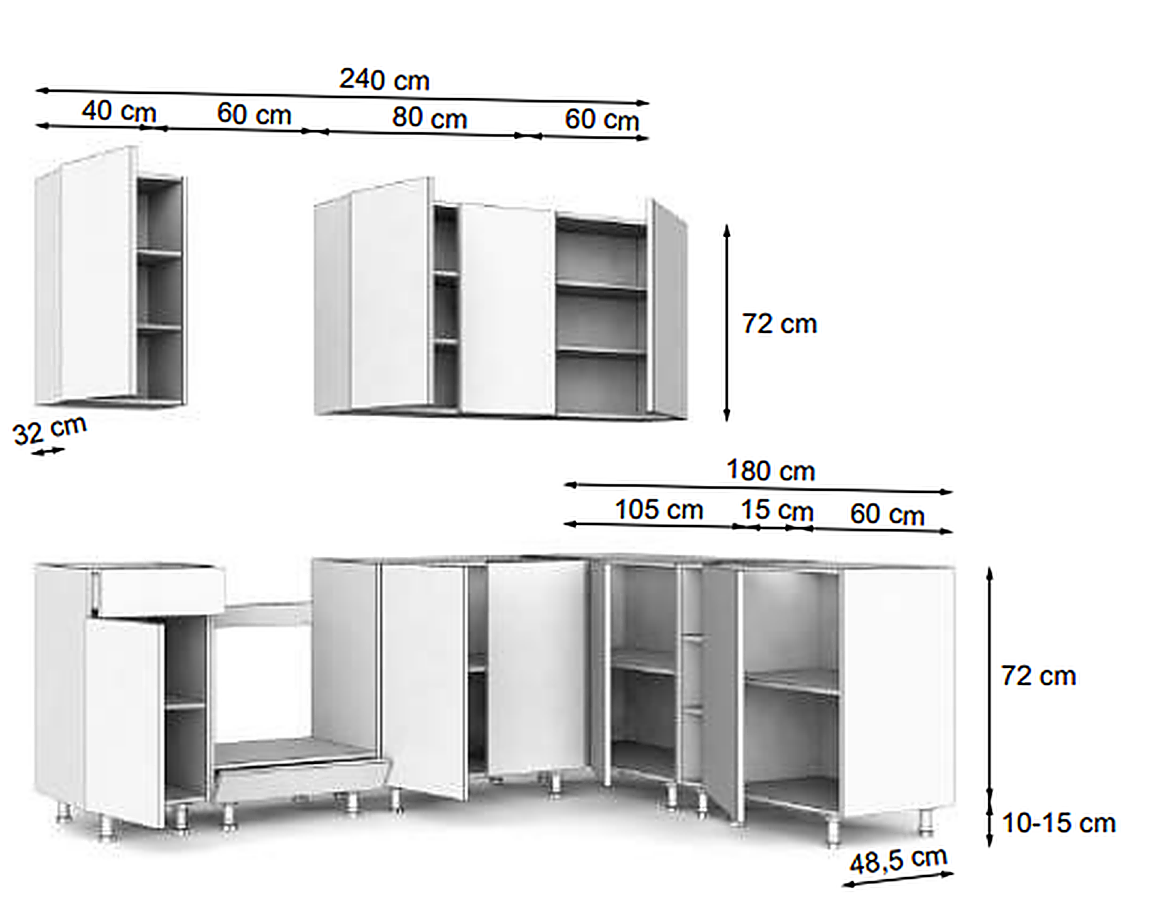 KIVOSER 240 × 180 cm corner drawing — wall units 72 cm high and 32 cm deep, base units 72 cm high and 48.5 cm deep on 10–15 cm legs, modules 40 + 60 + 80 + 60 cm along 240 cm and 105 + 15 + 60 cm along 180 cm