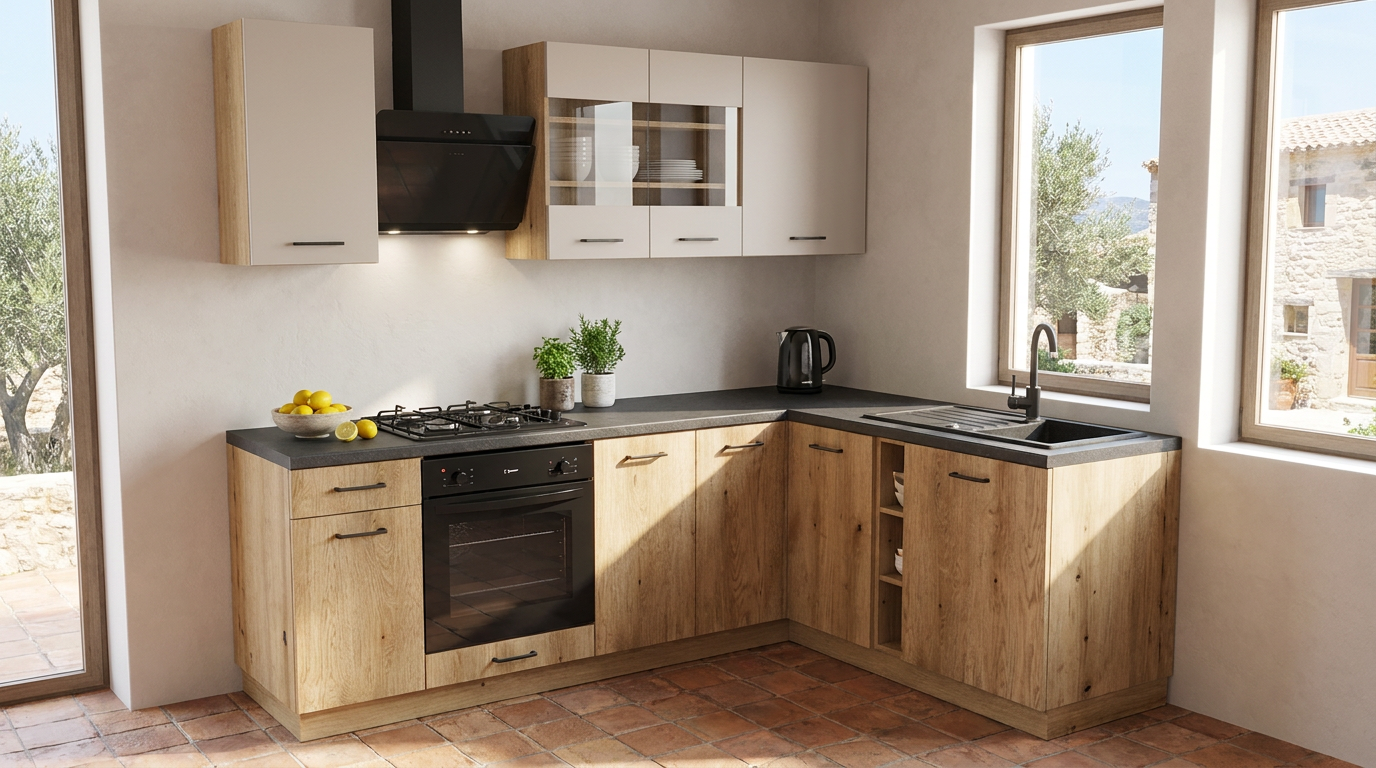KIVOSER 240 by 180 cm corner kitchen with Evoke Oak carcass, cashmere wall fronts and a District Dark worktop