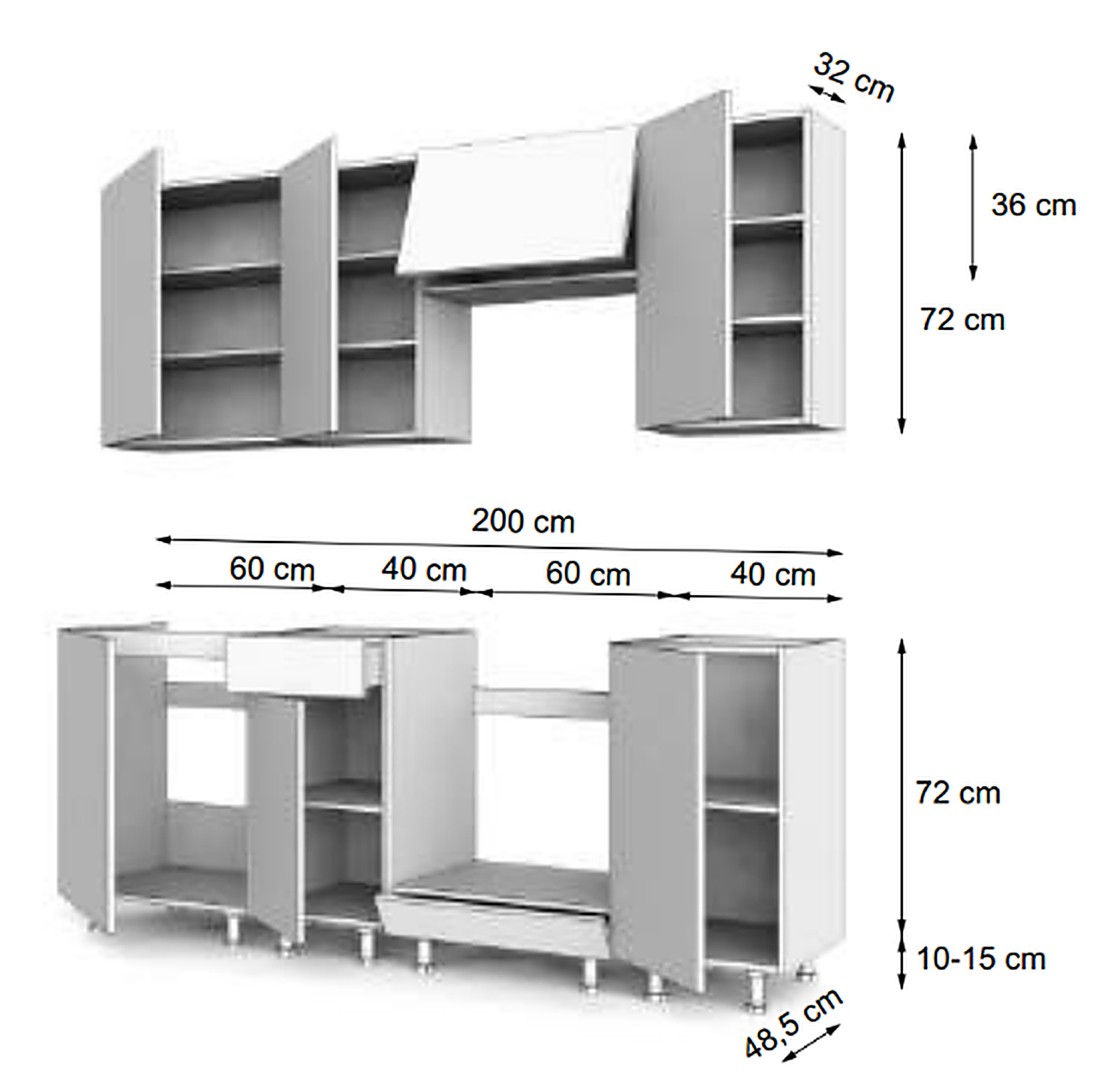 KIVOSER 200 cm run drawing — wall units 72 cm high and 32 cm deep with a 36 cm lift-up element, base units 72 cm high and 48.5 cm deep on 10–15 cm legs, modules 60 + 40 + 60 + 40 cm