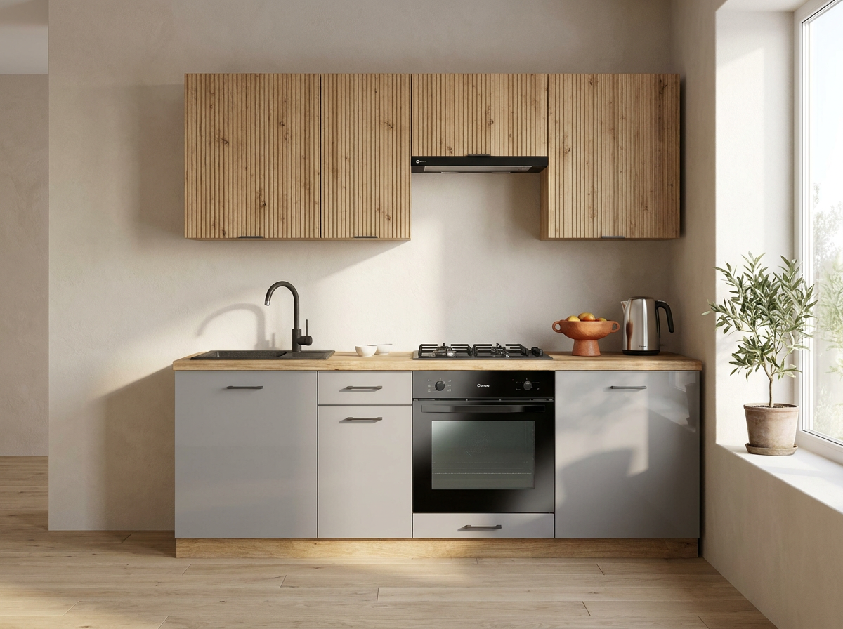 KIVOSER 200 cm ready-made kitchen set with RYFLA Artisan Oak wall units and grey gloss base units