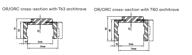 OR/ORC horizontal cross-sections with T63 and T80 architrave, with casing and wall-band dimensions